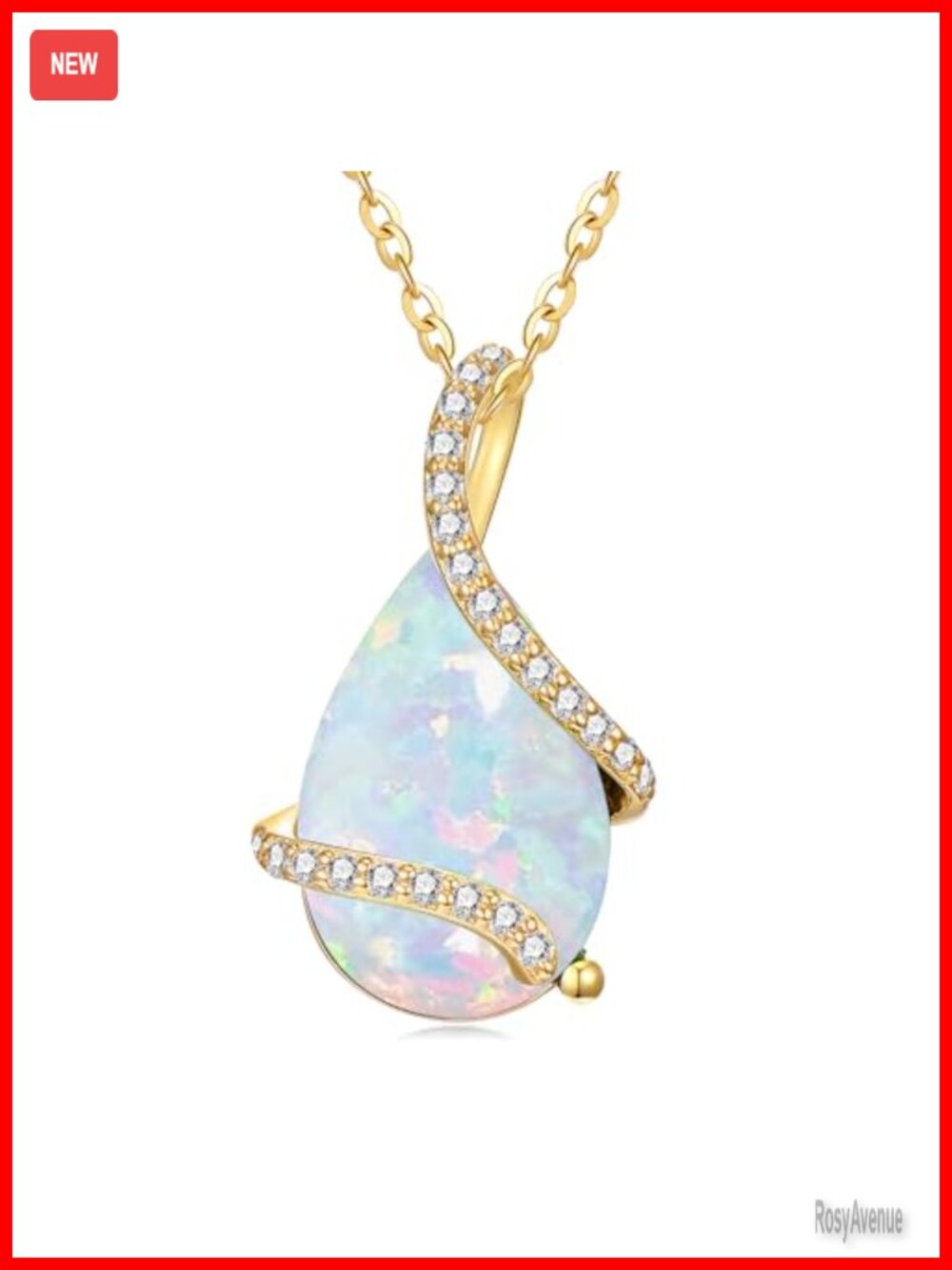 14K Gold Pear Shaped Created Opal Pendant Necklace 18+2 Inch Adjustable